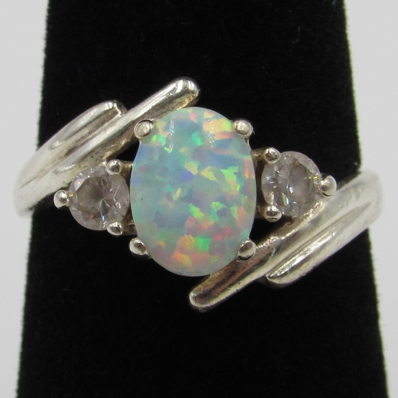 Jewelry - Vintage Size 6 Sterling Opal & CZ Diamond Ring